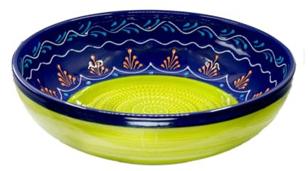 Kaladia - Reibeschüssel/Keramikhobel - ideal zum Gewürze reiben und Servieren von Gerichten - Motiv: Grün/Blau mit Welle - Durchmesser: 27 cm - handgemacht & handbemalt - Made in Spain