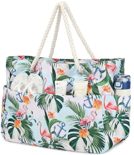 Suweir Borsa Mare Donna Grande XXL Famiglia Borsa da Spiaggia con Cerniera e tasca Impermeabile Borsa da Mare Beach Bag Shopping Borsa Tote Bag per Spiaggia Viaggio Piscina Vacanze (Fenicottero)
