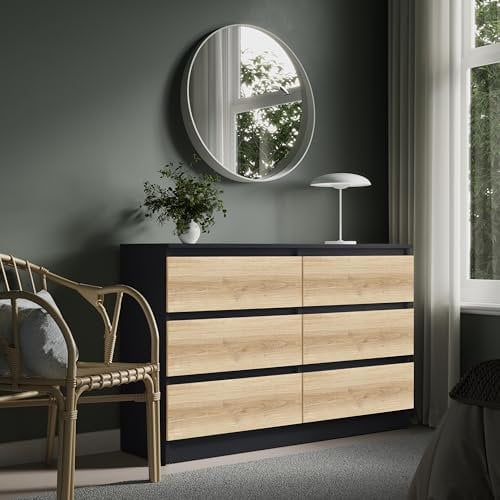 Home Collective Kommode 120cm breit mit 6 Schubladen anthrazit Artisan-Eiche Holz Schrank Kommode mit Schubladen Sideboard Highboard Anrichte Schlafzimmer Wohnzimmer Flur Büro Organizer Breite 120 cm