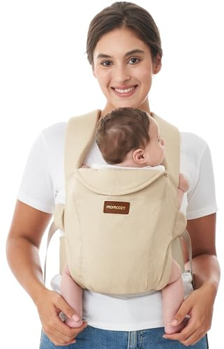 Momcozy Newborn Carrier for 0-12M/3.2-11.3kg, Waist 64-127cm, Cotton Khaki | IHDI certified for healthy hip development, ergonomic M seat for newborns, easy slip on design, balanced lumbar support