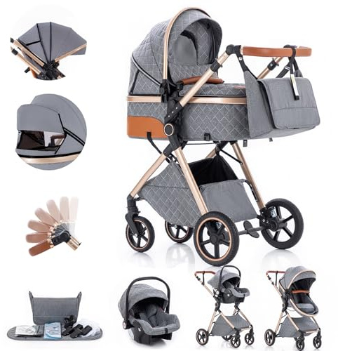 Gcarebb 3 in 1 Kinderwagen Reisesystem, Buggy mit höhenverstellbarem Griff, Reisewagen mit Regenschutz, Baby-Kinderwagen mit Aluminiumrahmen für Neugeborene