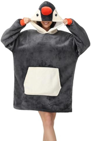 chuangminghangqi Unisex Kuscheldecke zum Anziehen mit Ärmeln und Kapuze Winter Comfy und Warm Tvdecke Übergroßes Pinguin Decken Pulli Damen Lustige Riesen Hoodie Decke