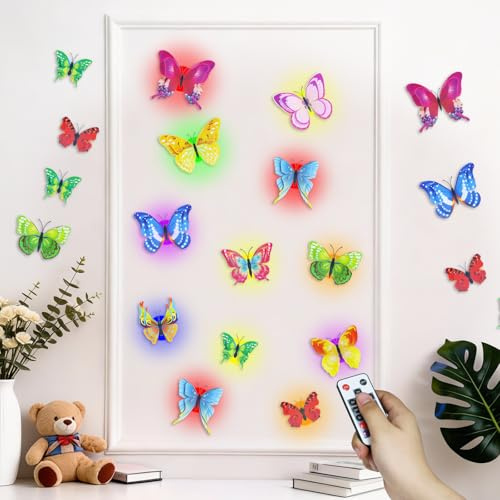 PChero 3D Schmetterling Wandaufkleber mit LED Licht und Fernbedienung | 36 Stück Magnetische LED Farbwechsel Schmetterling Aufkleber mit Timer für Wand Schlafzimmer Kinderzimmer Home Deko