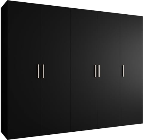 MEBLE KRYSPOL - Kleiderschrank - Garderobenschrank - 250 cm x 202 x 52 cm - Schrank mit Kleiderstange, 5 Türen - für Schlafzimmer, Flur - BARI, Schwarz, Griff Silber
