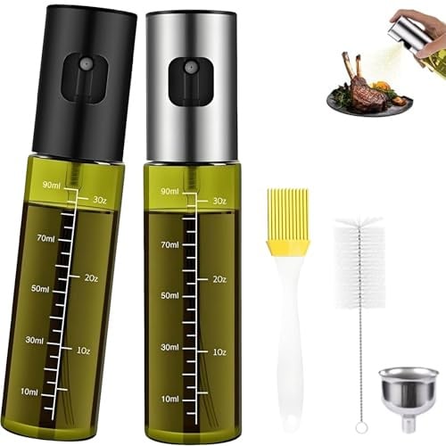 2 Stück Ölsprüher für Speiseöl,100ml UV-Schutz Glas Öl Sprühflasche, Ölspray zum kochen,Oil Sprayer mit Skala &Edelstahl-Trichter Olivenöl-Sprühflasche für Heißluftfritteusen, Grillen und Backwaren