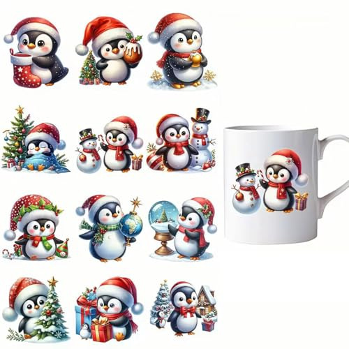 12pcs Merry Christmas Penguin Snowman UV DTF Cup Wraps Waterproof Transfer Sticker for Glass Cups Furniture Craft DIY Crafts，Rub on Transfer Stickers for DIY Water Bottle Laptop Decal Wood Car