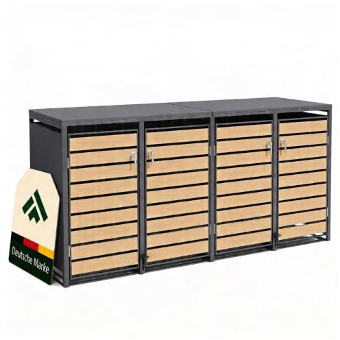 novaterra® Mülltonnenbox Metall Anthrazit für 4×240L - Premium Mülltonnenverkleidung mit Fußpedal, pulverbeschichtet, Holzoptik-Front - B 265 × T 80 × H 116 cm