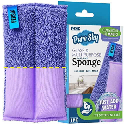 Pure-Sky ULTRA MICROFIBER Cleaning SPONGE – 2-in1, COMBINATION for Glass and Multipurpose – JUST ADD WATER No Detergents Needed – Use for Windows, Glass, Mirrors, Removing Stains in the cracks,