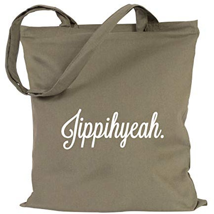 JUNIWORDS Jutebeutel - Wähle eine Farbe - Jippihyeah. (Beutel: Khaki, Text: Weiß)