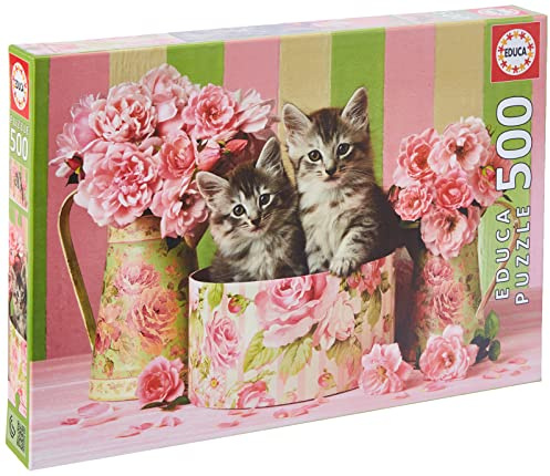 Educa 17960, Kätzchen und Rosen, 500 Teile Puzzle für Erwachsene und Kinder ab 10 Jahren, Katzenbaby, Tierpuzzle