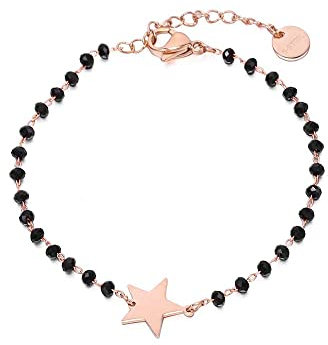Black Crystal Bracelet for Women, Rose Gold and Silver Plated Stainless Steel Chain Wrist Bracelet with Charm Heart, Star, Four Leaf Clover (#2 Star, Rose Gold)