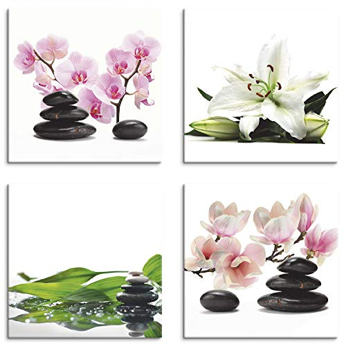ARTLAND Wanddeko Wellness Bilder Leinwand Bilder Set 4tlg. je 30x30 cm Quadratisch Wandbilder Zen Stein Orchidee Lilie Spa Bambus Magnolie J4VI