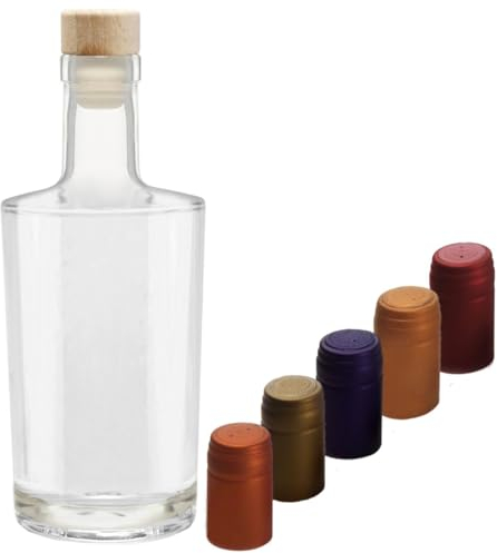 Geniess-Bar! Glas Karaffe elegante Flasche 0,35 L leer für Whisky Gin Cognac zum selbst befüllen mit Korken & 5 farbigen Schrumpfkapseln