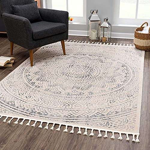 carpet city Teppich Wohnzimmer Grau - 200x290 cm - Ornamente Ethno-Stil - Kurzflor Teppiche Modern - Fransenteppich Tricolor Soft&Weich - Flachflor Schlafzimmer