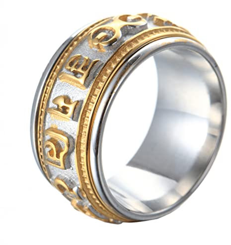 HIJONES Herren Edelstahl Vintage Buddhistisches Tibetisches Mantra Om Mani Padme Hum Gebet Rotierbares Silber Gold Größe 54