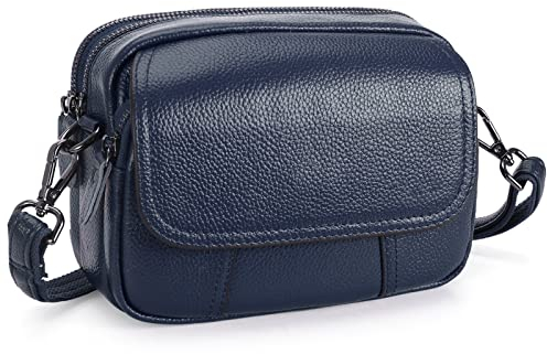 HAWEE Moda Mujer Bolso Bandolera Móvil de Cuero Genuino Bolso de Teléfono Movil Pequeña Bolso de Hombro Bandolera Monedero con Triple Cremallera, Azul