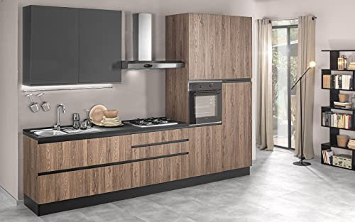 Dafne Italian Design Cucina completa di elettrodomestici (forno, lavandino, cappa cottura) stile Industrial - effetto rovere club, nero opaco, frigo a destra - cm. 330 x 60 x 243