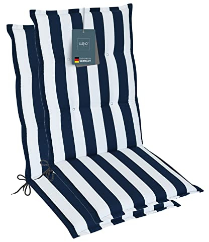 LILENO HOME Gartenstuhl Auflagen als [2er Set - Hochlehner] in Blockstreifen Blau - Bequeme Liegen als Sitzauflagen für Gartenmöbel - Stuhlkissen für Gartenstühle und Klappstühle