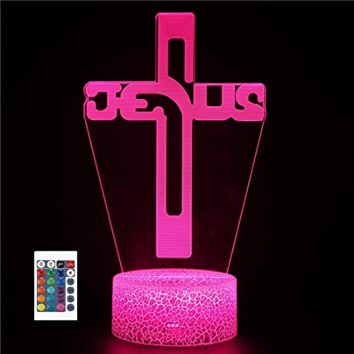 SUPERRUIDALONG 3D Jesus Kreuz Gott Fernbedienung 16 Farben Nachtlichter Illusion Acryl LED Tisch Nachttisch Lampe Kinder Schlafzimmer Schreibtisch Dekor Geburtstag Geschenke Spielzeug für Kinder
