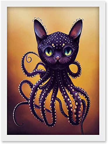 Doppelganger33 LTD Octopussy Surreal Cat Octopus Hybrid Purple Artwork Framed Wall Art Print A4