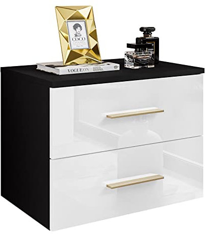 lukmebel Hängender Nachttisch LINA II 55x42x37 cm- LED Beleuchtung - Nachtkästchen - Schwarz/Weiß Hochglanz - Goldgriff - Nachtschrank - Beistelltisch mit Schublade - Schlafzimmerschrank
