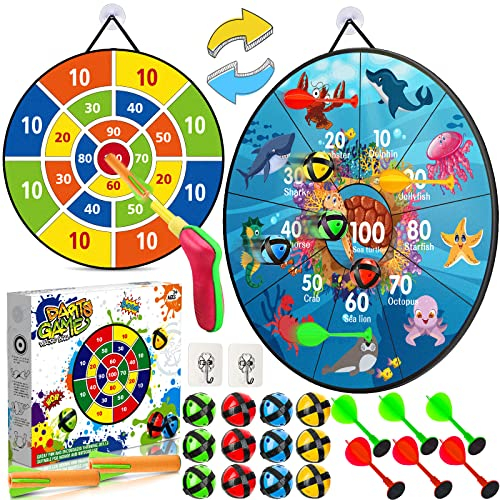 MOOING Dartscheibe Kinder, 66cm Klett Dartscheibe Faltbares mit 12 Klebrigen Bällen, Doppelseitige Dartscheibes, Wurfscheibe Kinder Geschenke Spielzeug ab 3 Jahre