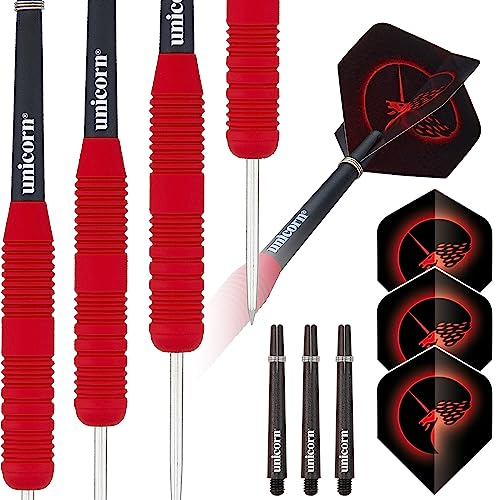 Unicorn Steel Tip Darts Set | Core Plus | Smooth Comfortable Rubberised Brass Barrels | Red | 23 g