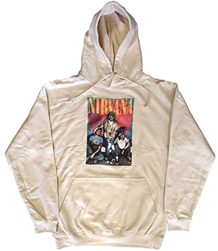 Nirvana Hoodie Trapper Hat Mono Band Logo Official Unisex Sand Pullover L