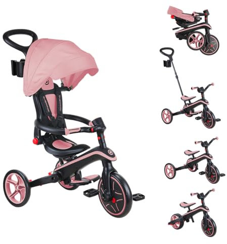 Globber - Tricycle Explorer 4 en 1 - Tricycle Pliable et évolutif en draisienne pour Les Tout-Petits de 10 Mois à 5 Ans - Pastel Rose