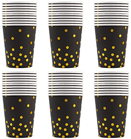 60 Pièces Gobelet Carton, Goblets Carton Jetables, Gobelets Carton Noel, Gobelets Jetable, Gobelets en Papier mit Pois Dorés, pour Café, Thé, Bboissons, Mariage, Fournitures Fête, 250ml (Noir)