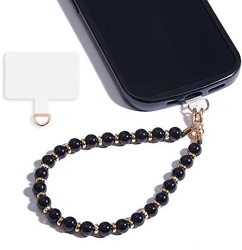Lostars Handgelenkschlaufe mit Perlen, Handy-Anhänger, abnehmbares Handy-Umhängeband mit Haltegurt, verstellbarer Handy-Charm-Griff für Damen (Schwarzer Obsidian)