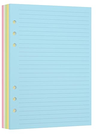 Recharge de papier ligné A5, pages colorées pour classeur A5 rechargeable à 6 anneaux, inserts de recharge perforés à 6 trous, 1 paquet (contient 50 feuilles/100 pages)