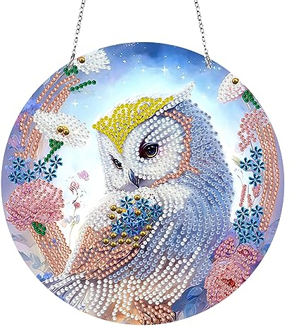 Starnearby 5D DIY Diamond Painting Anhänger mit Kette Doppelseitig Diamantmalerei Ornament Diamant Painting Girlande Kranz Wandbehang Kits für Fenster Wand Und Eingang Decor(Eule B)