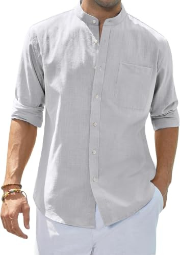 siliteelon Light Grey Linen Shirts Grandad Collar Men's Shirt Regular Fit Casual Summer Beach Shirt with Pocket,XXL