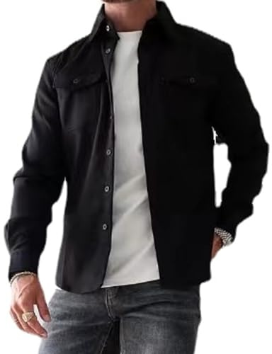 Men's Button Down Shirt Jacket, Casual Brushed Shirt Slim-Fit Long-Sleeve Work Coat Button Down Overshirt for Men