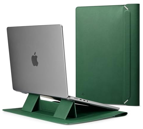 Spigen Laptop Sleeve Valentinus S 15 15.6 16 Inch, Built in Magnetic Flap With Foldable Stand, Leather Laptop Case Pouch Bag Compatible with MacBook Pro - Green