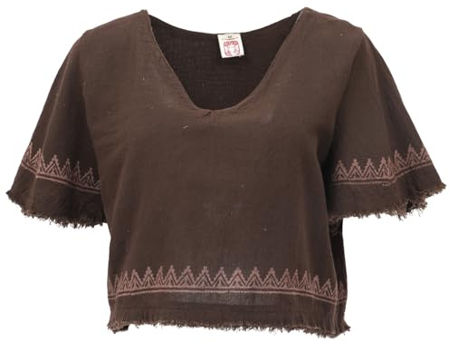 GURU SHOP Weites Top mit Handgefertigtem Druck, Leinenlook Boho Blusentop - Dunkelbraun, Damen, Size:M