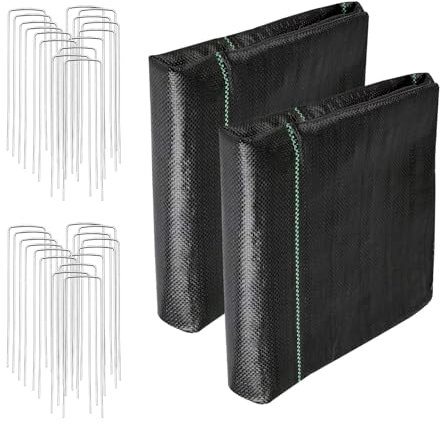 LGJIAOJIAO Unkrautschutzmatte für Gartenarbeit, Landschaft, 1,2 m x 30 m, 2 Stück, 1,2 x 15,2 m, strapazierfähig, 90 g, mit 30 U-förmigen Sicherungsheringen – Bodenabdeckung für Gartenarbeit,