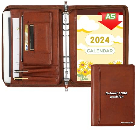 KISSKI Free Custom LOGO, Personalisiertes A5 Ledermappe für Männer, Leather 6 Ring Portfolio Ordner für 5x8 Klemmbrett, Gravierte Konferenzmappe Padfolio, 1pc Notizblock, Geschenke, Customized, Braun