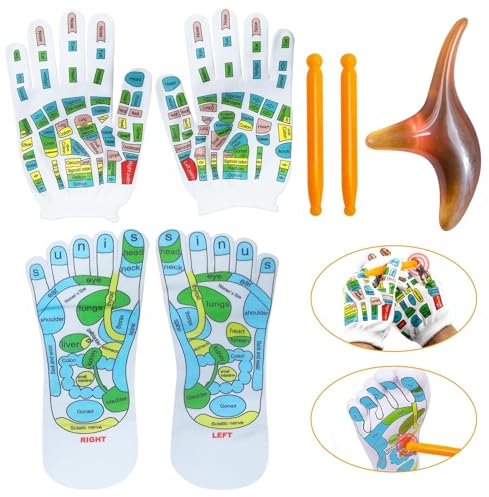 2 Paar Reflexzonen Socken,Reflexology Socks mit Massage Tools, Fußreflexzonen Socken Handschuhe, Fußreflexzonenmassage Druckpunkt Socken für Fuß Reflexzonen Massage,35-39 Gua Sha