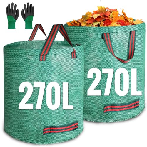 JARDILIFE Lot de 2 sacs à déchets de jardin robustes de 270 à 270 litres, sacs réutilisables avec 1 paire de gants de travail de jardinage, sacs à outils pour déchets de jardin, déchets de plantes
