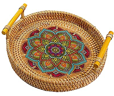 ZHDOKA Round Rattan Tray with Double Handles, Decorative Serving Tray Tabletop Bread Storage Basket Woven Fruit Vegetables Display Basket Food Storage Platter for Table Decor(Blue-11in)