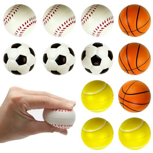 Stressball Kinder,12 Stücke Mini Antistress Bälle Fußbälle Basketbälle Tennisbälle Baseballs Geschenk für Kinder/Erwachsene,Vielseitige Bälle für Spiel Stressabbau Kindergeburtstag Freizeitsport