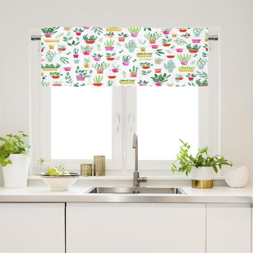 Surwin Bistrogardine Coffee Break Scheibengardine Küchengardine Grüne Pflanzen Motiven, Halbtransparente Kurzgardine Wohnzimmer Landhaus Càfe Gardinen Kurz Vorhang (Kaktus,W231xL56cm)