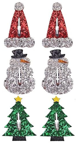 6 Stück Weihnachten Haarspangen Druckknopf Weihnachtsmann-Elch Haarspangen Schneemann Glitzer-Cartoon Haarspangen Weihnachtsmannmütze Neuheit Haarspange für Frauen Mädchen Dekoration (A)
