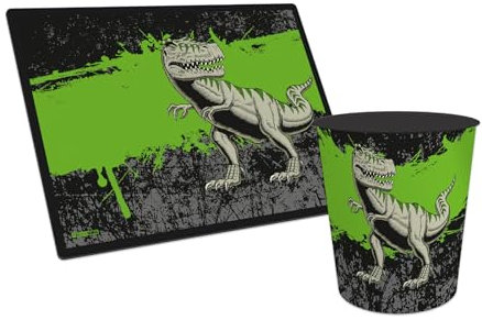 itenga Papierkorb mit Schreibunterlage mit Motiv im Set - Papierkorb für Kinder mit Motiv - rund ca. 11 Liter und passende Schreibtischunterlage (Motiv T-REX)