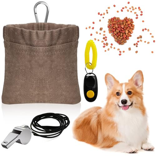 Prebarfun Leckerlibeutel für Hunde, Freihändige Futterbeutel Hundetraining, Leckerlitasche für Hunde mit Automatischem Verschluss, Hundeleckerli Tasche mit Karabiner, Hunde Clicker, Pfeifen(Grau)