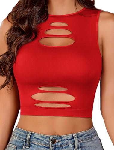 Avidlove Damen Tank Top Racerback Ärmelloses Crop Top Fitness Tanktop Hohles Einfarbiges Oberteil Lässig Oberteile Weich Strapazierfähig Cami Rot M