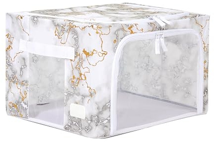 Periea ‘Beau’ Folding Collapsible Stackable Fabric Home Storage Boxes with Steel Frames (Metallic Marble, Small)