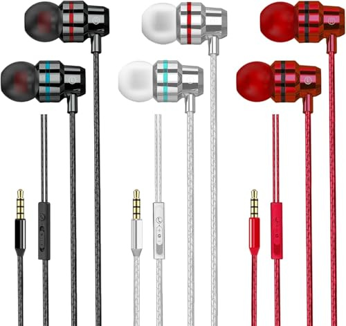 3 Pack Earphones, In-Ear Headphones Wired Earphones with Microphone and Volume Control, Noise Isolating and Deep Bass, Lightweight 3.5 mm Earbuds Compatible with phones (3x Black Red Silver)